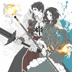  armor bethany_hawke_(dragon_age_2) black_hair brother_and_sister carver_hawke_(dragon_age_2) dragon_age dragon_age_2 robe siblings staff sword twins tyusiu weapon yellow_eyes 