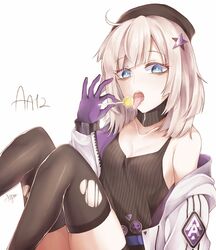  aa-12_(girls&#039;_frontline) ahoge arm_support baggy_clothes bags_under_eyes black_hat black_pantyhose black_shorts blue_eyes breasts candy character_name choker cleavage collarbone commentary female food girls&#039;_frontline gloves hair_ornament hat holding holding_food lollipop medium_breasts open_mouth pantyhose parang saliva saliva_trail shorts sidelocks simple_background sitting solo star_(symbol) star_hair_ornament tank_top tongue tongue_out torn_clothes torn_pantyhose white_background white_hair 