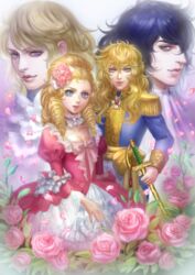  2boys 2girls andre_grandier aristocratic_clothes bad_id bad_pixiv_id blonde_hair blue_eyes blue_hair bow choker curly_hair dress field flower flower_field ginjoo_(ginjo_1116) gown hair_flower hair_ornament hans_axel_von_fersen long_hair marie_antoinette_(versailles_no_bara) military military_uniform multiple_boys multiple_girls oscar_francois_de_jarjayes petals pink_dress projected_inset purple_eyes ribbon rose sword uniform versailles_no_bara weapon 