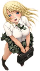  :d bag black_legwear blonde_hair blue_eyes breasts btooom! female full_body himiko_(btooom!) inoue_jun&#039;ya kneehighs loafers long_hair looking_at_viewer necktie official_art open_mouth pleated_skirt school_bag school_uniform shoes simple_background skirt smile socks solo teeth watch white_background wristwatch 