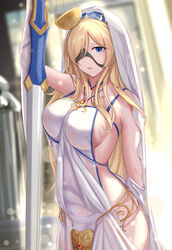  arm_behind_back bare_shoulders black_blindfold blindfold blindfold_slip blonde_hair blue_eyes breasts commentary_request cowboy_shot dress female goblin_slayer! hair_ornament hair_over_one_eye hat holding holding_weapon jewelry l.kili large_breasts long_hair necklace one_eye_covered sideless_outfit solo standing sword_maiden weapon white_dress white_hat 