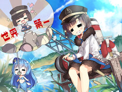  6+girls :d =_= anchor_symbol bad_link bikini bikini_top_only bismarck_(warship_girls_r) blonde_hair blue_hair blue_hat blue_sky blush bob_cut brown_hair brown_hat cattail character_name chibi closed_eyes cloud cloudy_sky coat cowboy_shot crane_(machine) crossed_arms day dutch_angle eyebrows fishing fur_trim garrison_cap grey_hair grin hat headgear headphones hill imagining lens_flare lifebuoy long_hair long_sleeves machinery mermaid monster_girl mouth_hold multiple_girls official_art open_mouth outdoors peaked_cap pier plant prince_of_wales_(warship_girls_r) quincy_(warship_girls_r) richelieu_(warship_girls_r) rigging rock rope saliva saru short_hair sitting sky smile smokestack smug sparkle stalk_in_mouth standing straw_(stalk) sukhbaatar_(warship_girls_r) swim_ring swimsuit thought_bubble tirpitz_(warship_girls_r) translated very_long_hair warship_girls_r water white_coat 