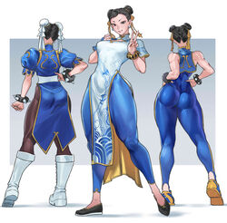  1girls absurdres ass bare_shoulders boots bracelet breasts bun_cover capcom china_dress chinese_clothes chun-li clenched_hand commentary cropped_vest double_bun dress earrings female from_behind full_body hair_bun hair_ornament hand_on_own_hip hands_on_own_hips hands_up highres jewelry juaagacgy knee_boots looking_at_viewer medium_breasts multiple_views nonude pants pantyhose parted_lips pelvic_curtain puffy_short_sleeves puffy_sleeves shoes short_sleeves skin_tight sleeveless smile sneakers spiked_bracelet spikes standing street_fighter street_fighter_6 street_fighter_alpha street_fighter_ii tight_pants turtleneck unitard v vest white_footwear yoga_pants 