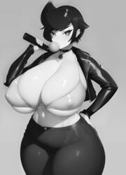 ai_generated bibi_(brawl_stars) black_and_white black_hair brawl_stars breasts huge_breasts monochrome_ai thick_thighs