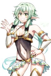  alternate_costume armor bare_shoulders bikini bikini_armor black_one-piece_swimsuit bow clothing_cutout collarbone cowboy_shot detached_sleeves elf female flat flat_chest flat_chested goblin_slayer goblin_slayer! grin hair_between_eyes hairbow hand_on_own_hip high_elf high_elf_archer_(goblin_slayer!) high_elf_archer_(goblin_slayer) highres kankitukou legs_apart long_hair long_sleeves navel navel_cutout one-piece_swimsuit pointy_ears small_breasts smile solo swimsuit teeth twintails white_bikini 