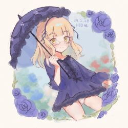  alternate_costume artist_request blonde_hair blue_dress blue_flower dress female flower glasses highres holding long_hair no_pants panties parasol perrine_h._clostermann smile strike_witches umbrella underwear white_panties world_witches_series yellow_eyes 