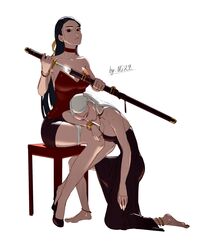  2d 2d_(artwork) 2d_artwork 2females 2girls 2women ankle_rings black_dress black_hair dom/sub holding_sword kneeling kneeling_female ng_hamburger oc original original_characters original_female_character swordswoman white_hair 