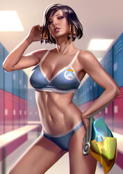  1girls 2016 armpits bikini color dark-skinned_female dark_skin female helmet high_resolution highres locker_room overwatch pharah short_hair solo_female sweat zumi 