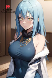  1girls ai_generated big_breasts blue_dress blue_hair blush blush_lines blushing_at_viewer coat curvaceous curvy curvy_female curvy_figure dress female fubuki_(one-punch_man) glowing_eyes golden_eyes indoors lewdcreationsai navel navel_fetish navel_visible_through_clothes nipples nipples_visible_through_clothing one-punch_man rimuru_tempest smile smiling smiling_at_viewer smirk smirking smirking_at_viewer solo solo_female solo_focus that_time_i_got_reincarnated_as_a_slime yellow_eyes 