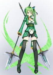  &gt;:) ankle_boots black_gloves black_ribbon black_thighhighs blunt_ends blush boots breasts choker cleavage collarbone commentary_request dual_wielding energy_spear female fingerless_gloves full_body gloves gradient_background green_eyes green_hair green_jacket green_sash gungun_(hakutou7887) hair_ornament hair_ribbon highres holding jacket legs_apart long_hair long_sleeves looking_at_viewer magical_girl original polearm ribbon rinko_(gungun) sash side_ponytail sidelocks solo sparkle spear standing tassel thighhighs tight_clothes v-shaped_eyebrows weapon 