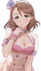  blush breasts brown_hair cleavage collarbone dress earrings emu_(emum) female finger_to_mouth gloves green_eyes hand_up hat highres idolmaster idolmaster_cinderella_girls idolmaster_cinderella_girls_starlight_stage jewelry large_breasts looking_at_viewer medium_hair revision smile solo white_gloves yanagi_kiyora 