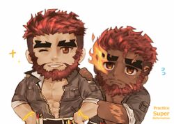  2boys bara beard chibi chibi_only dark-skinned_male dark_skin eyebrow_cut facial_hair flaming_eye flying_teardrops hephaestus_(housamo) large_pectorals lowres male_focus mature_male mechanic multiple_boys muscular muscular_male pectoral_cleavage pectorals red_eyes short_hair smile sparkle talos_(housamo) thick_eyebrows tokyo_afterschool_summoners tora_d upper_body 