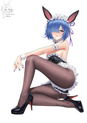  absurdres animal_ears apron bare_shoulders black_footwear blue_hair blush breasts brown_pantyhose cat_ears christian_louboutin_(brand) colored_shoe_soles female frilled_apron frills hair_over_one_eye high_heels highres large_breasts looking_at_viewer maid_apron maid_headdress medium_hair nail_polish nanqizizhou pantyhose parted_lips re:zero_kara_hajimeru_isekai_seikatsu rem_(re:zero) simple_background solo white_background 