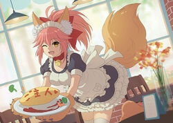  ;d animal_ear_fluff animal_ears animal_hands apron bell breasts cat_paws cleavage collar elsa_(g557744) fate/grand_order fate_(series) female flower food fox_ears fox_girl fox_tail gloves hair_ribbon indoors jingle_bell large_breasts long_hair neck_bell oerba_yun_fang omelet omurice one_eye_closed open_mouth paw_gloves paw_shoes pink_hair ponytail red_ribbon ribbon smile solo tail tamamo_(fate) tamamo_cat_(fate) tamamo_cat_(second_ascension)_(fate) vegetable white_legwear yellow_eyes 