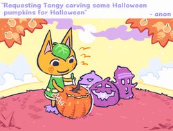  animal_crossing anonymous_artist autumn blush carving clothing cloud dialogue_box domestic_cat dress felid feline felis female food fruit fur grass green_clothing green_dress gyroid jack-o&#039;-lantern leaf mammal nintendo orange_(fruit) orange_body orange_fur outside plant smile solo standing sun tangy_(animal_crossing) text 