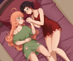  2girls ahoge black_hair blush breasts commentary doll_joints freckles green_eyes grey_eyes hand_on_own_stomach headboard highres hiwonoafu holding_hands joints long_hair medium_breasts multicolored_hair multiple_girls off_shoulder on_bed orange_hair pajamas penny_polendina pillow red_hair ruby_rose rwby short_hair smile streaked_hair thighs very_long_hair yuri 