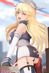  ass black_panties blonde_hair blue_eyes blurry blurry_background blush breasts commentary day elbow_gloves english_commentary female garter_straps giant giantess gloves headgear highres iowa_(kancolle) kantai_collection large_breasts leg_up long_hair one_eye_closed open_mouth outdoors panties raps_(yohomeboyraps) rudder_footwear skirt sleeveless solo star-shaped_pupils star_(symbol) symbol-shaped_pupils thighhighs underwear 