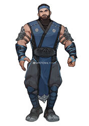  1boy absurdres bara beard belt blue_eyes brown_hair clenched_hand closed_mouth facial_hair full_body gauntlets highres looking_at_viewer male_focus mature_male muscular muscular_male original peterhl scar scar_across_eye scar_on_face short_hair solo 