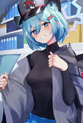  animal_ears black_shirt blue_archive blue_eyes blue_hair book bookshelf breasts commission e_buki female grey_jacket grin hair_between_eyes hair_ornament hairclip hat highres jacket looking_at_viewer shigure_(blue_archive) shirt short_hair skeb_commission smile solo 