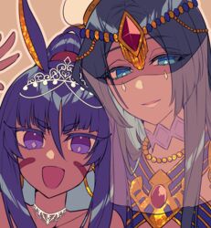  2girls bad_id bad_pixiv_id blue_eyes crown dark-skinned_female dark_skin eyebrows_hidden_by_hair fate/grand_order fate_(series) hair_between_eyes hair_ornament highres jewelry long_hair looking_at_viewer multiple_girls naganegi necklace nitocris_(fate) nitocris_(swimsuit_assassin)_(fate) nitocris_(swimsuit_assassin)_(third_ascension)_(fate) open_mouth pointy_ears purple_eyes purple_hair scheherazade_(fate) smile swimsuit upper_body veil 