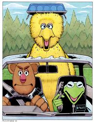  2022 4_fingers 5_fingers amphibian anthro avian beak bear big_bird_(sesame_street) big_nose bird border brown_body brown_fur bruce_mccorkindale car clothing crossover eyebrows feathers fingers forest fozzie_bear frog fur grass green_body group gun hi_res hot_fuzz inside_car kermit_the_frog looking_at_viewer male mammal mirror motor_vehicle muppet muppets parody plant police police_car police_siren police_uniform police_vehicle ranged_weapon red_nose seatbelt sesame_street signature steering_wheel text the_muppet_show thick_eyebrows tree trio uniform vehicle weapon white_border yellow_body yellow_feathers 