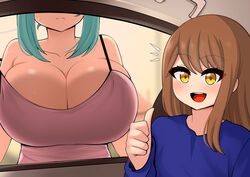  2girls :d absurdres against_glass asami_(the_only_shoe) blue_hair blue_shirt breast_press breasts breasts_on_glass brown_hair camisole car_interior cleavage glass highres huge_breasts long_sleeves meme multiple_girls original purple_camisole rezu_(the_only_shoe) shirt smile strap_slip sweatdrop the_only_shoe thumbs_up woman_scared_of_breasts_(meme) yellow_eyes 