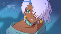  1boy aqua_eyes bishoujo_senshi_sailor_moon bishoujo_senshi_sailor_moon_s choker dark-skinned_male dark_skin dated derivative_work grey_hair gundam hair_over_one_eye highres laura_rolla loran_cehack male_focus meme otoko_no_ko sailor_moon_redraw_challenge_(meme) screenshot_redraw shinmai_(kyata) solo turn_a_gundam twitter_username 