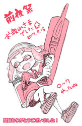  absurdres black_shorts female headband highres holding holding_weapon ink_tank_(splatoon) inkling inkling_player_character looking_to_the_side oerba_yun_fang open_mouth pink_eyes pink_hair pink_shirt shirt shoes short_hair short_shorts short_sleeves shorts simple_background smile solo splat_roller_(splatoon) splatoon_(series) splatoon_2 tentacle_hair weapon white_background yoshizawa_miyabi 