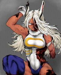  absurdres amputee animal_ears arm_up blood blood_on_face blue_thighhighs boku_no_hero_academia breasts burnt commentary cowboy_shot dark-skinned_female dark_skin female gloves grey_background grin guro hair_between_eyes highres large_breasts leotard long_hair looking_to_the_side mirko mumu_(0x3777) muscular muscular_female rabbit_ears rabbit_girl rabbit_tail red_eyes simple_background smile solo spoilers tail teeth thighhighs tourniquet white_gloves white_hair white_leotard 