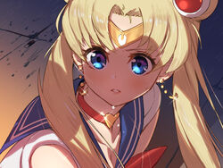  bishoujo_senshi_sailor_moon bishoujo_senshi_sailor_moon_s blue_eyes blue_sailor_collar breasts chinese_commentary choker cleavage collarbone commentary_request crescent crescent_earrings derivative_work diadem earrings female hair_bun hair_over_shoulder heart heart_choker jewelry long_hair magical_girl meme red_choker sailor_collar sailor_moon sailor_moon_redraw_challenge_(meme) sailor_senshi_uniform screenshot_redraw shadow single_hair_bun solo sweatdrop tsukino_usagi twintails upper_body yellowpaint. 