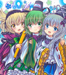  3girls :d black_headwear blonde_hair blue_background blue_eyes blue_skirt bow bowtie breasts cape closed_mouth earmuffs floral_background floral_print frilled_skirt frilled_sleeves frills green_bow green_bowtie green_eyes green_hair green_ribbons grey_hair hair_between_eyes hat hat_ribbon holding holding_stick japanese_clothes kariginu long_sleeves looking_at_viewer marker_(medium) medium_hair mononobe_no_futo multiple_girls oerba_yun_fang ofuda ofuda_on_clothes open_mouth pointy_hair purple_cape purple_skirt red_ribbon ribbon ribbon-trimmed_sleeves ribbon_trim ritual_baton rui_(sugar3) sample_watermark silver_ribbon skirt sleeves_past_wrists small_breasts smile soga_no_tojiko stick tate_eboshi touhou toyosatomimi_no_miko traditional_media watermark wide_sleeves yellow_eyes 