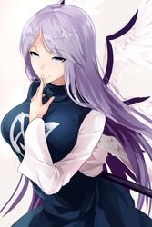  angel angel_wings arm_under_breasts bad_id bad_twitter_id blue_dress blue_eyes blue_hair breasts commentary_request dress feathered_wings female highres holding holding_staff kamiya_ueshi large_breasts long_hair long_sleeves multiple_wings pinafore_dress sariel_(touhou) seraph shirt simple_background sleeveless sleeveless_dress staff touhou touhou_(pc-98) very_long_hair white_background white_shirt white_wings wings 