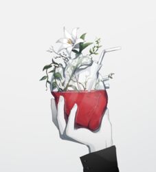  1other avogado6 black_sleeves blood commentary_request drinking_straw fingernails flower grey_background hands head_out_of_frame heart_(organ) holding holding_heart_(organ) long_sleeves original simple_background themed_object white_flower 