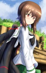  alternate_costume black_jacket black_neckerchief blouse blue_sky blurry blurry_background brown_eyes brown_hair closed_mouth cloud cloudy_sky commentary day depth_of_field dutch_angle female girls_und_panzer green_skirt highres holding holding_clothes holding_jacket jacket jacket_over_shoulder kuromorimine_military_uniform long_sleeves looking_at_viewer looking_back military military_vehicle miniskirt motor_vehicle neckerchief nishizumi_maho ooarai_school_uniform outdoors pleated_skirt redbaron sailor_collar school_uniform serafuku shirt short_hair skirt sky smile solo standing tank tiger_i twitter_username unworn_jacket white_sailor_collar white_shirt 