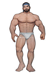  1boy abs absurdres bara beard blue_eyes brown_hair clenched_hand closed_mouth facial_hair full_body highres large_pectorals looking_at_viewer male_focus male_underwear mature_male muscular muscular_male navel nipples original pectorals peterhl scar scar_across_eye scar_on_face short_hair solo stomach topless_male underwear white_male_underwear 