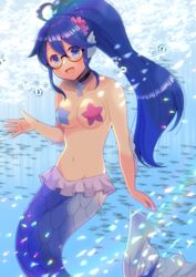  :d ahoge air_bubble animal bare_arms bare_shoulders black-framed_eyewear black_choker blue_eyes blue_hair breasts bubble choker collarbone commentary_request commission day female fins fish fuuko_(kazeoceantide) glasses groin hair_between_eyes head_fins kou_hiyoyo long_hair looking_at_viewer medium_breasts mermaid monster_girl navel original outdoors pasties ponytail school_of_fish semi-rimless_eyewear skeb_commission smile solo star_pasties under-rim_eyewear underwater very_long_hair water 