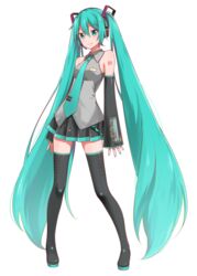  aqua_eyes aqua_hair aqua_necktie black_skirt black_thighhighs closed_mouth commentary derivative_work detached_sleeves female full_body hatsune_miku headset highres long_hair looking_at_viewer necktie number_tattoo shoulder_tattoo simple_background skirt sleeves_past_wrists smile so_ra_01_02 solo standing tattoo thighhighs twintails twitter_username very_long_hair vocaloid vocaloid_boxart_pose white_background zettai_ryouiki 