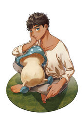  1boy absurdres barefoot black_hair blue_eyes collarbone curly_hair dark-skinned_male dark_skin dungeon_meshi full_body grey_pants hand_on_own_face highres indian_style kabru looking_at_viewer male_focus mushroom on_floor pants shako_(shaco_flat) shirt sitting tan walking_mushroom_(dungeon_meshi) white_shirt 