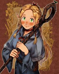  absurdres blonde_hair blue_dress blue_hood blush braid braided_bangs dress dungeon_meshi elf female green_eyes highres jewelry long_hair looking_at_viewer marcille_donato necklace pointy_ears pouch red_ribbon ribbon shako_(shaco_flat) smile staff 