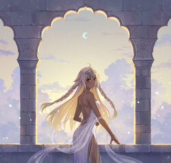  ahoge backless_dress backless_outfit backlighting bare_shoulders blonde_hair blush braid brick_wall column dark_skin dress elsa_(g557744) fate/grand_order fate_(series) female grey_hair headpiece indian lakshmibai_(fate) long_hair looking_at_viewer parted_lips pillar red_eyes shoulder_blades side_slit solo tan twin_braids white_dress 