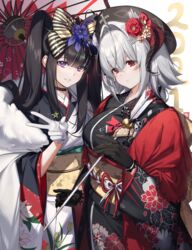  2021 2girls absurdres arrow_(projectile) azur_lane black_choker black_gloves black_hair blush breasts choker commentary cross diffraction_spikes dore_(gilles_dore) ema floral_print glint gloves grey_hair hair_ornament hamaya hat head_tilt highres holding holding_arrow horns iron_cross japanese_clothes kimono large_breasts long_hair long_sleeves looking_at_viewer multiple_girls nuernberg_(azur_lane) obi oil-paper_umbrella parted_lips peter_strasser_(azur_lane) purple_eyes red_eyes revision sash smile star_(symbol) star_hair_ornament symbol-only_commentary twintails umbrella very_long_hair w white_gloves wide_sleeves 