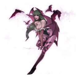  absurdres animal_print bat_(animal) bat_print black_collar black_leotard breasts cleavage collar collarbone demon_girl demon_wings female green_eyes green_hair head_wings high_heels highres jee-hyung_lee large_breasts leaning_forward leotard long_hair morrigan_aensland pantyhose pink_pantyhose print_pantyhose solo vampire_(game) wings 