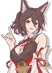  :d animal_ears bare_shoulders breasts brown_dress brown_hair cleavage cleavage_cutout clothing_cutout commentary_request detached_sleeves dress female flat_color fox_ears hand_up highres honkai:_star_rail honkai_(series) looking_at_viewer medium_breasts mon-chan open_mouth short_hair simple_background smile solo tingyun_(honkai:_star_rail) upper_body white_background yellow_eyes 