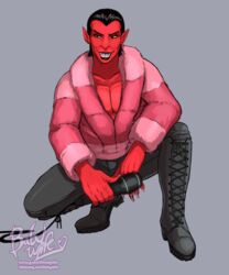  2022 5:6 black_hair black_lips boots cartoon_network clothing colored_nails crouching demon electronics femboy footwear fur_coat hair him_(powerpuff_girls) humanoid humanoid_pointy_ears itsymitsy knee_boots knee_highs legwear lips male microphone nails not_furry pink_nails powerpuff_girls red_body red_skin sharp_teeth slicked_back_hair smile solo teeth watermark yellow_sclera 