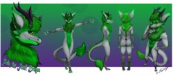  absurd_res anthro ass floof_dragon fluffy front_view head_piece hi_res horn inner_ear_fluff long_horn long_tail male rear_view scalie side_view solo tail text thatdamngoat tuft 