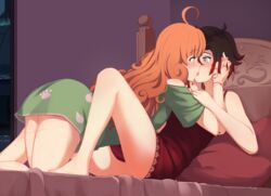  2girls ahoge ass between_legs black_hair blush doll_joints eye_contact freckles french_kiss hair_between_eyes hands_on_another&#039;s_face highres hiwonoafu joints kissing long_hair looking_at_another multicolored_hair multiple_girls orange_hair pajamas penny_polendina red_hair ruby_rose rwby streaked_hair thighs yuri 