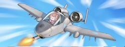  a-10_thunderbolt_ii aircraft airplane ayunda_risu ayunda_risu_(1st_costume) brown_hair chibi cockpit collarbone english_text female fighter_jet firing hair_ornament hairclip hat highres hololive hololive_indonesia jet military military_vehicle open_mouth ramiigotcha short_hair sky solo vehicle_focus virtual_youtuber 