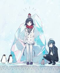  2boys alternate_costume animal animal_on_head baby_penguin bird bird_on_head black_footwear black_hair black_jacket black_pants blue_scarf buttons checkered_clothes checkered_scarf closed_eyes danganronpa_(series) danganronpa_v3:_killing_harmony double-breasted emperor_penguin goto_(sep) highres ice iceberg jacket long_sleeves male_focus multiple_boys oma_kokichi on_head open_mouth pants penguin purple_footwear red_scarf saihara_shuichi scarf short_hair squatting standing straitjacket striped_clothes striped_jacket striped_pants white_jacket white_pants 