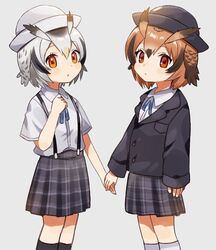  2girls alternate_costume bad_id bad_twitter_id bird_wings black_hair black_hat black_socks blonde_hair blue_jacket blue_ribbon blush brown_eyes brown_hair collared_shirt commentary_request cowboy_shot eurasian_eagle_owl_(kemono_friends) grey_hair grey_hat grey_socks hat head_wings highres holding_hands jacket kemono_friends long_sleeves multicolored_hair multiple_girls neck_ribbon northern_white-faced_owl_(kemono_friends) owl_ears plaid plaid_skirt pleated_skirt ribbon school_uniform shirt short_hair short_sleeves skirt socks suicchonsuisui suspender_skirt suspenders t-shirt white_shirt wings 