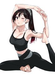  armpits arms_up barefoot black_hair breasts brown_eyes cleavage crop_top feet female gradient_hair hands_on_feet high_ponytail highres kanojo_okarishimasu large_breasts long_hair looking_at_viewer midriff miyajima_reiji mizuhara_chizuru multicolored_hair navel official_art one_eye_closed open_mouth pants pigeon_pose ponytail red_hair simple_background soles solo sports_bra stretching sweat teeth toes very_sweaty white_background yoga yoga_pants 